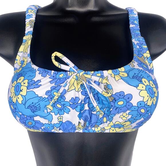 New Blue Ruched Floral Print Square Neck Y2K Bikini 90's Swimsuit Beach Retro - Picture 4 of 7